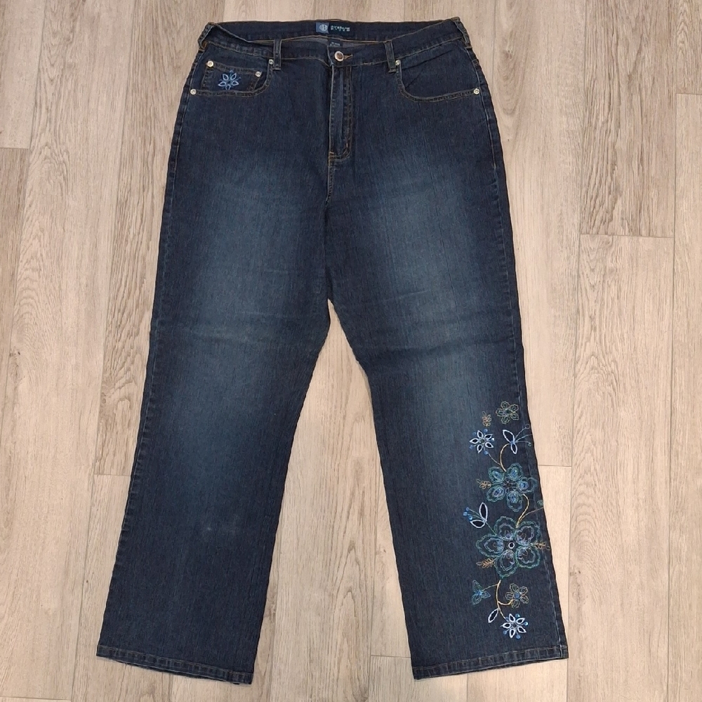 Elegant Blue Boot Cut Jeans with Floral Detail